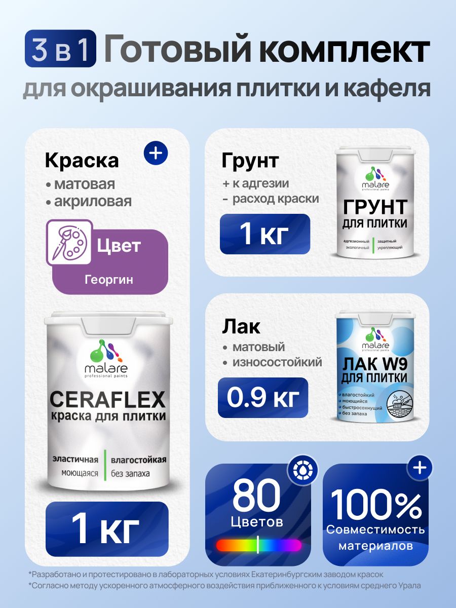 Комплект Malare LIPPO для окрашивания плитки и кафеля (1кг грунт + 1 кг краска + 0.9кг лак), акриловый, без запаха, быстросохнущий, матовый, цвет георгин
