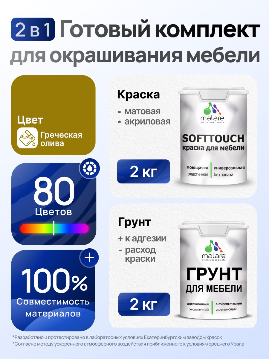 Комплект Malare SoftTouch для окрашивания мебели (2кг грунт + 2кг краска) акриловый без запаха быстросохнущий матовый, цвет греческая олива