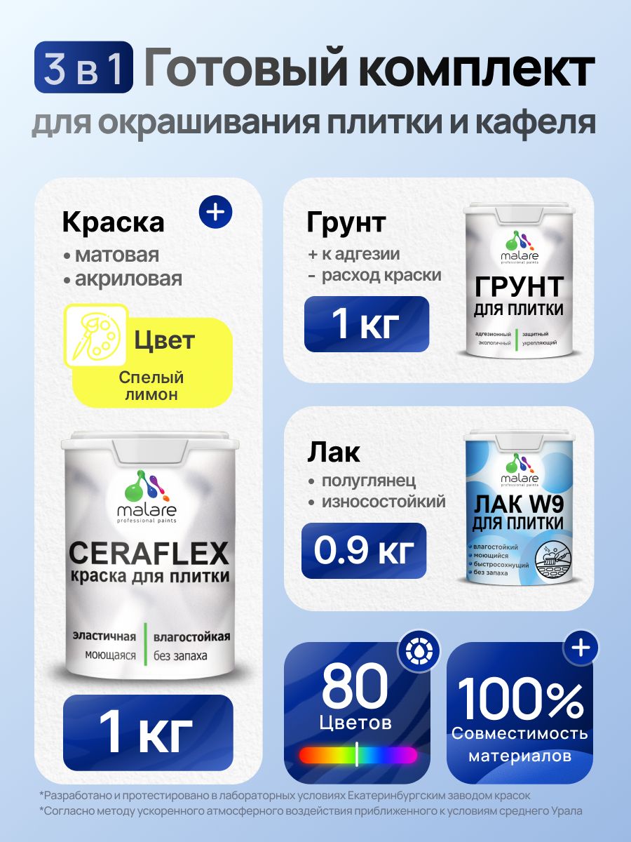 Комплект Malare LIPPO для окрашивания плитки и кафеля (1кг грунт + 1 кг краска + 0.9кг лак), акриловый, без запаха, быстросохнущий, полуглянцевый, цвет спелый лимон
