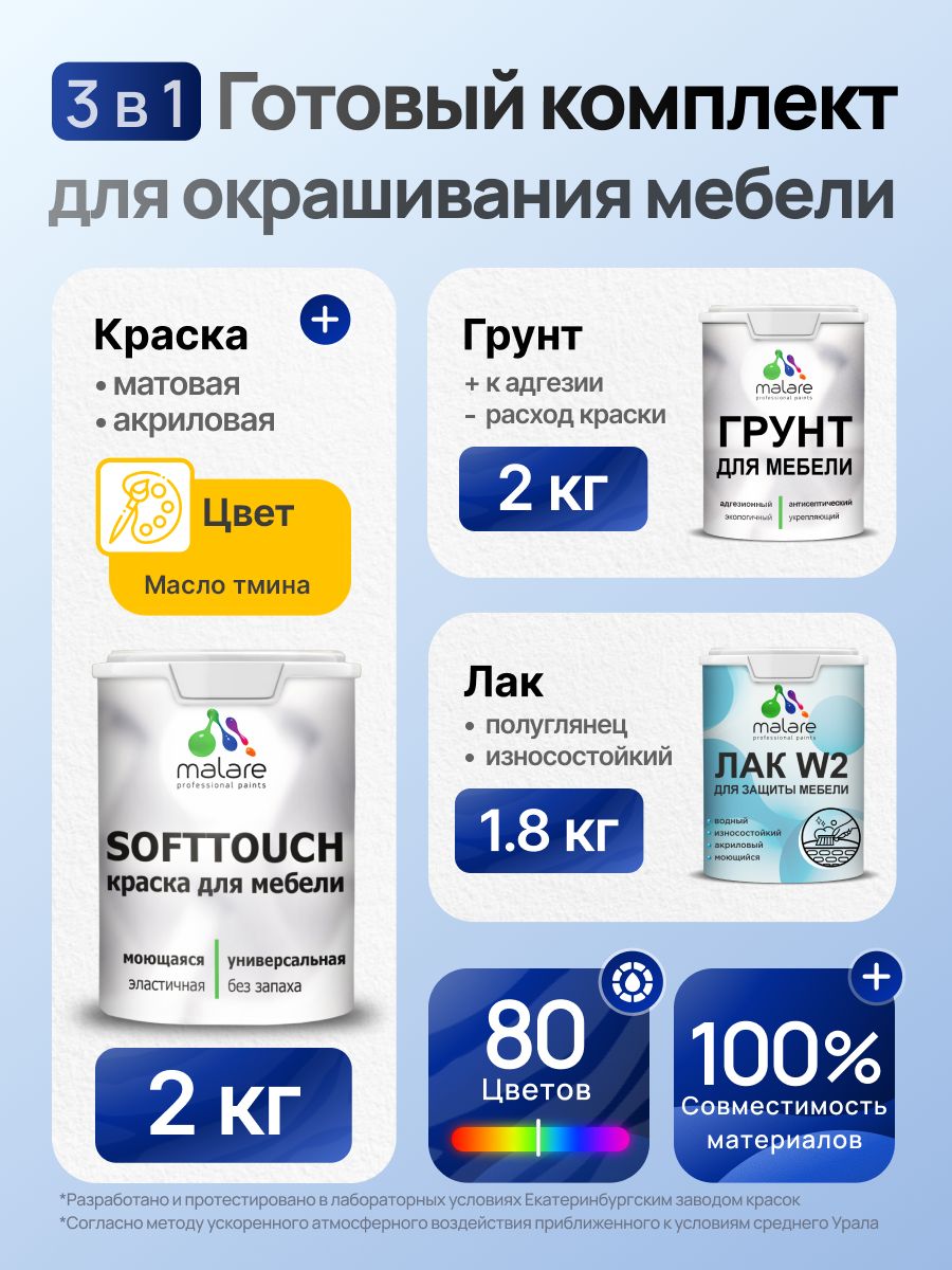 Комплект Malare SoftTouch для окрашивания мебели (2кг грунт + 2кг краска + 1.8кг лак) акриловый без запаха быстросохнущий полуглянцевый, цвет масло тмина