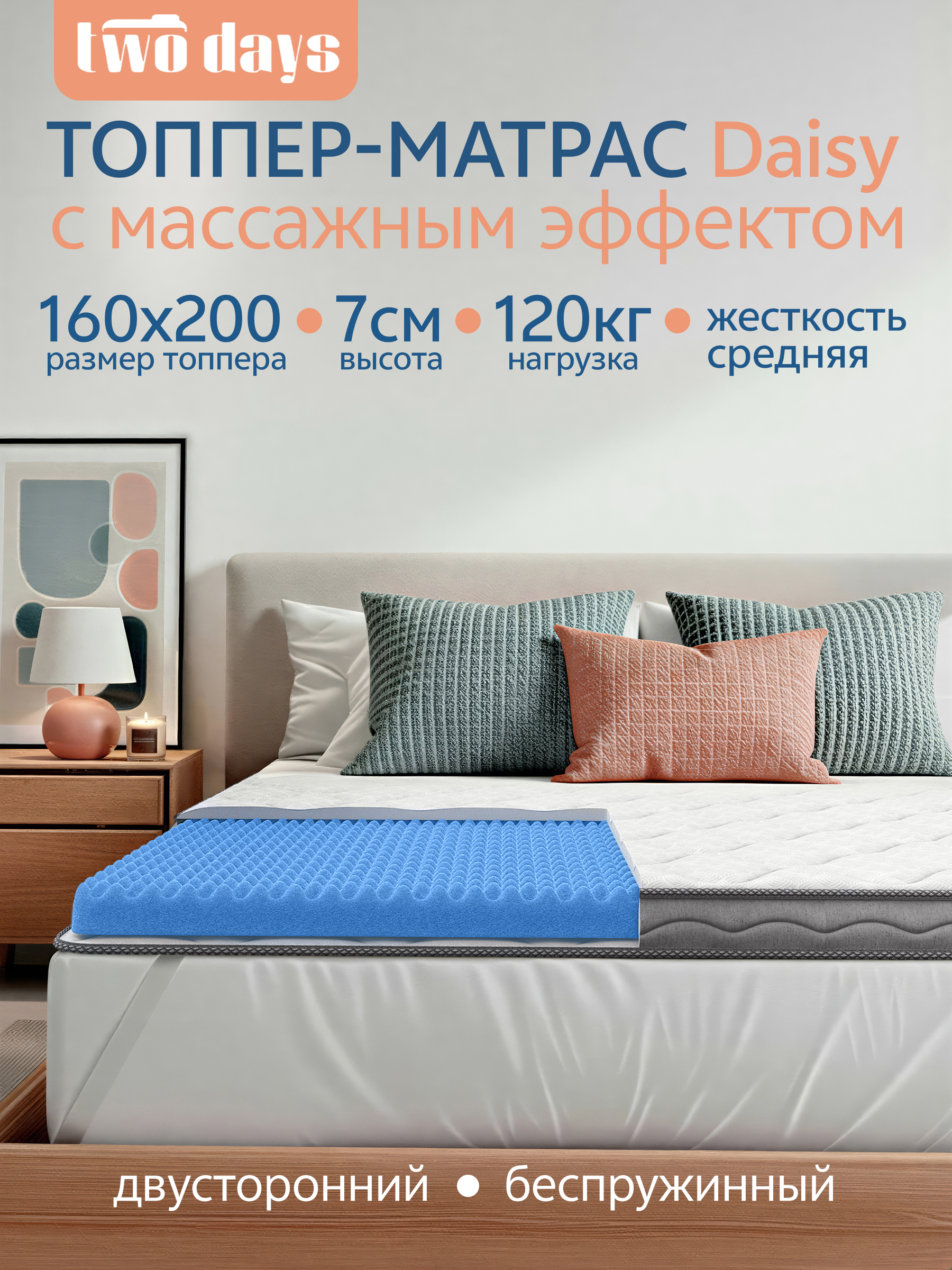 Топпер матрас 160х200 ортопедический на диван двусторонний с резинками Daisy