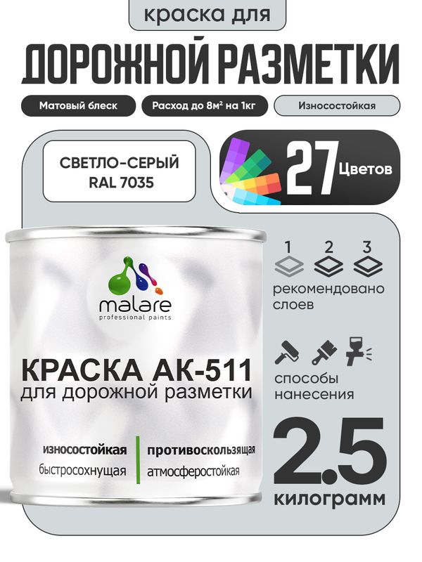 Дорожная краска АК-511 Malare для дорожной разметки, краска для пола по бетону, износостойкая, быстросохнущая, матовая RAL 7035, светло-серый, 2,5 кг