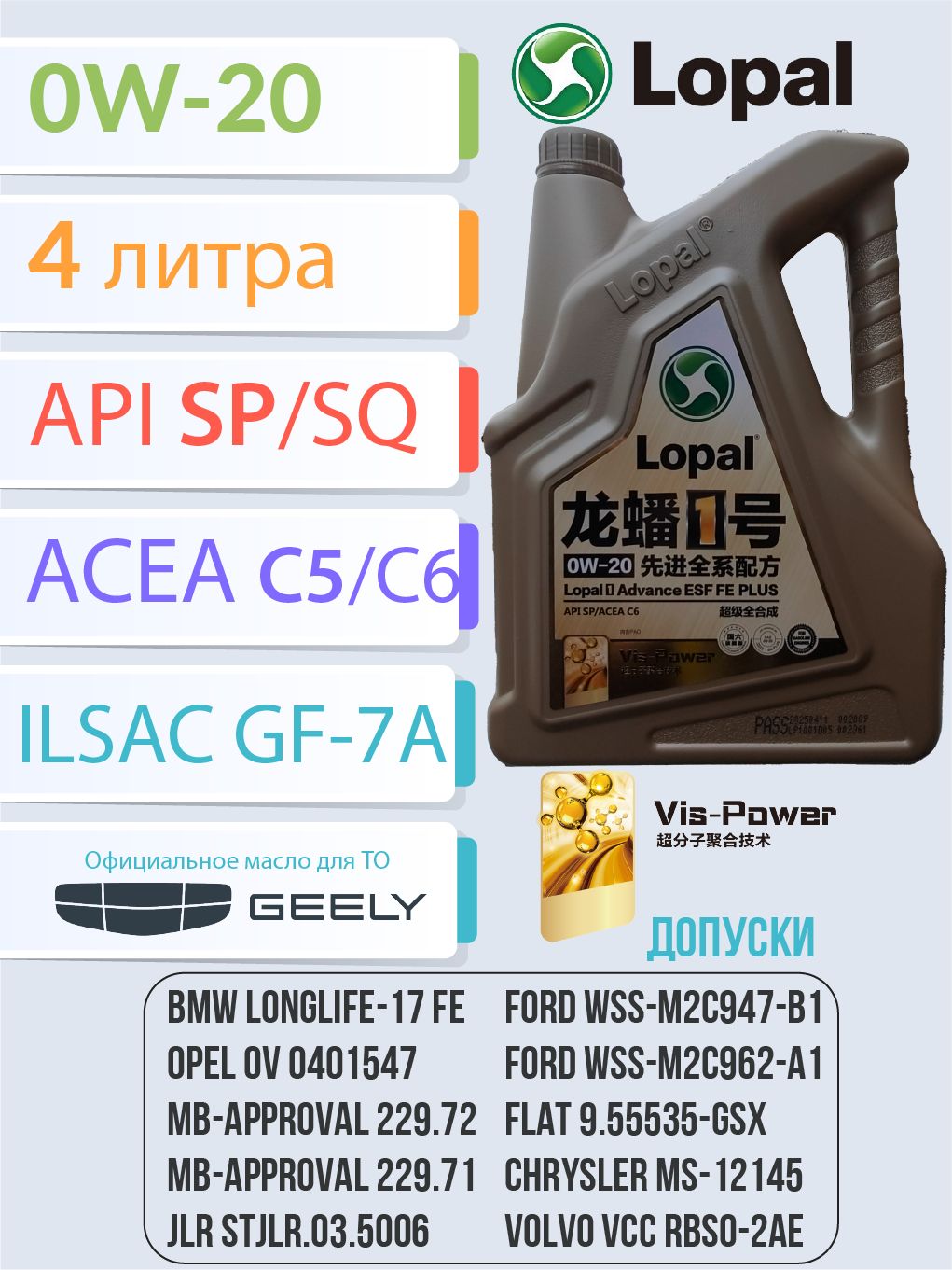 Масло моторное LOPAL 1 Advance ESF FE PLUS 0W-20 Синтетическое 4 л