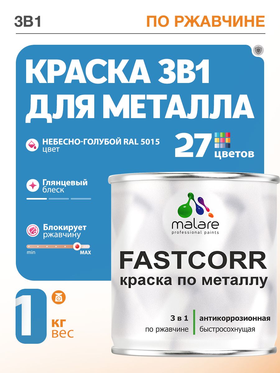 Краска для металла по ржавчине Malare FastCorr, для наружных работ износостойкая, быстросохнущая RAL 5015 небесно-голубой, глянцевая, 1 кг