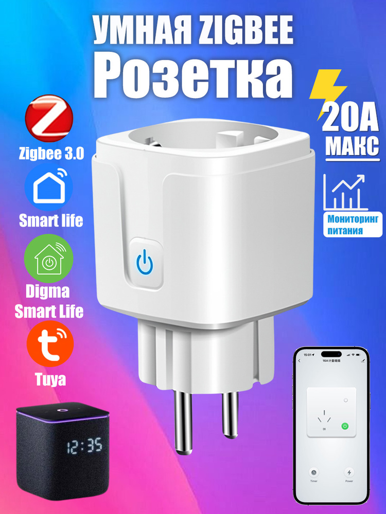 Умная розетка ZigBee 3.0 EU 20A с Алисой, таймер и мониторинг #1