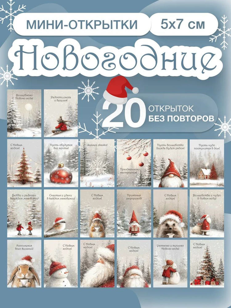 Набор мини открыток на новый год, новогодние открытки 20 шт. #1