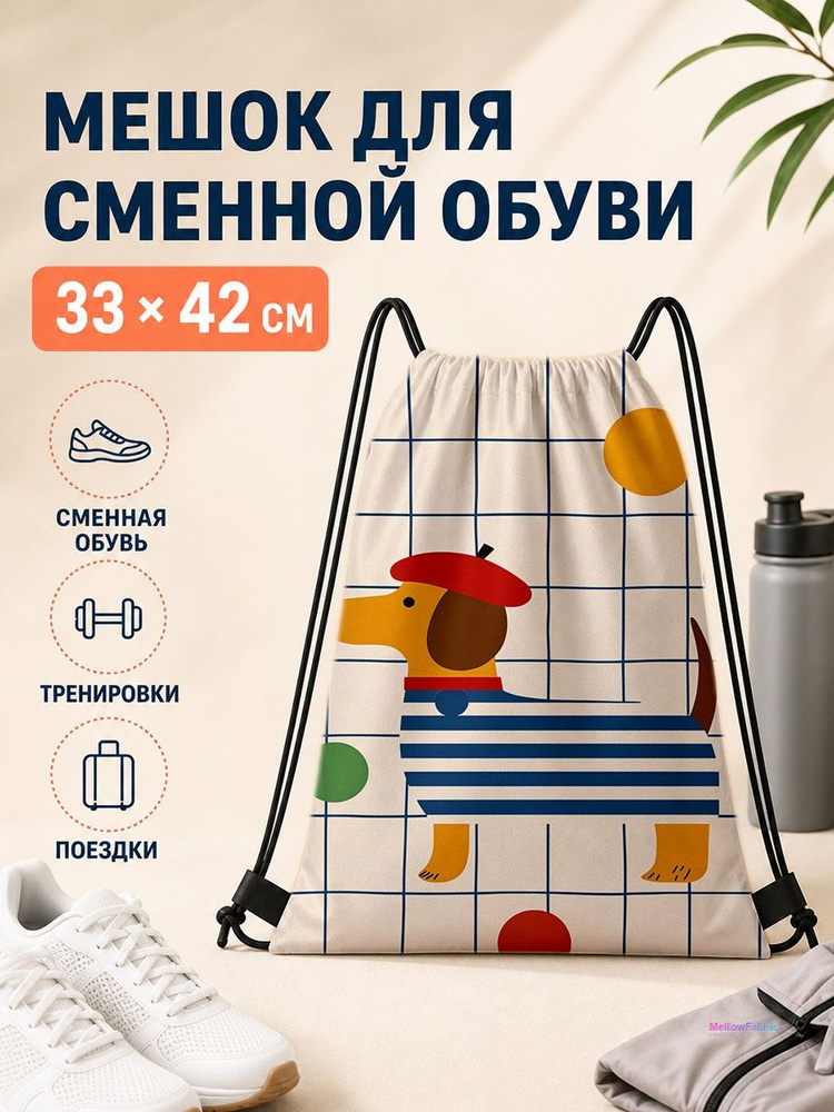 Мешок для сменной обуви с корги в красном беретчике 33х42 см #1