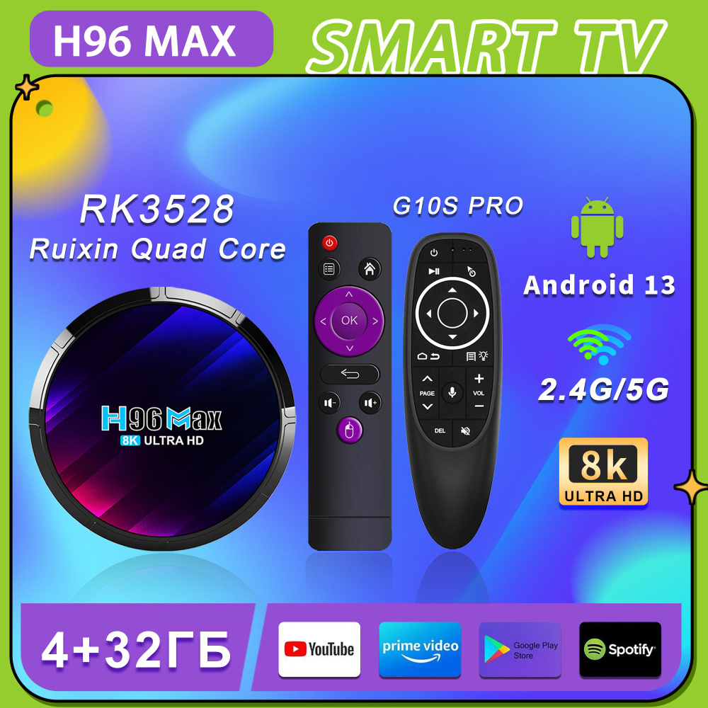 TOP7 Медиаплеер ТВ-приставка H96MAX RK3528 4/32 Гб, чип RK3528 WiFi 2.4G/5G  + Bluetooth BT 5.0/3D, поддержка медиаплеера 8K + воздушная мышь G10s Pro  ...