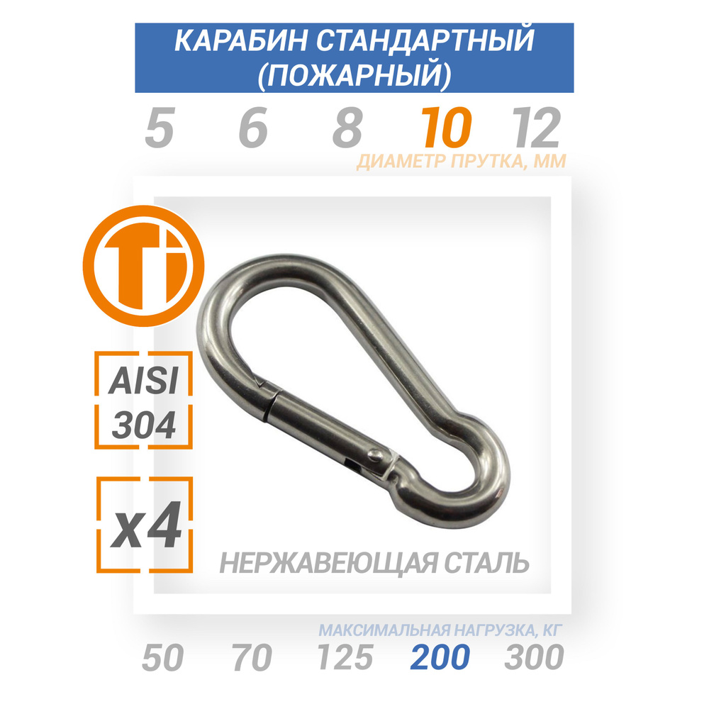 Карабин стандартный (пожарный) из нержавеющей стали 10мм 4шт - купить ...