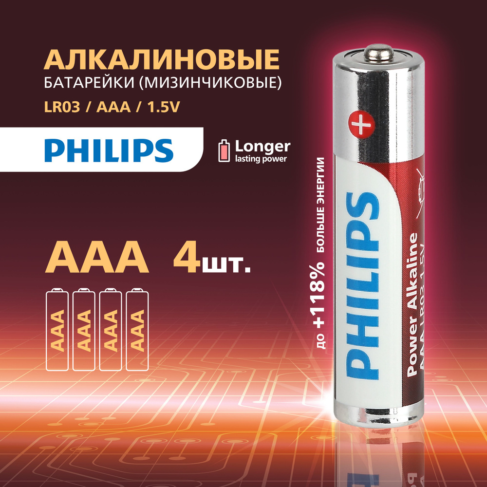 Батарейки AAA мизинчиковые Philips алкалиновые 4 шт. LR03-4BL Power -  купить с доставкой по выгодным ценам в интернет-магазине OZON (1416855789)