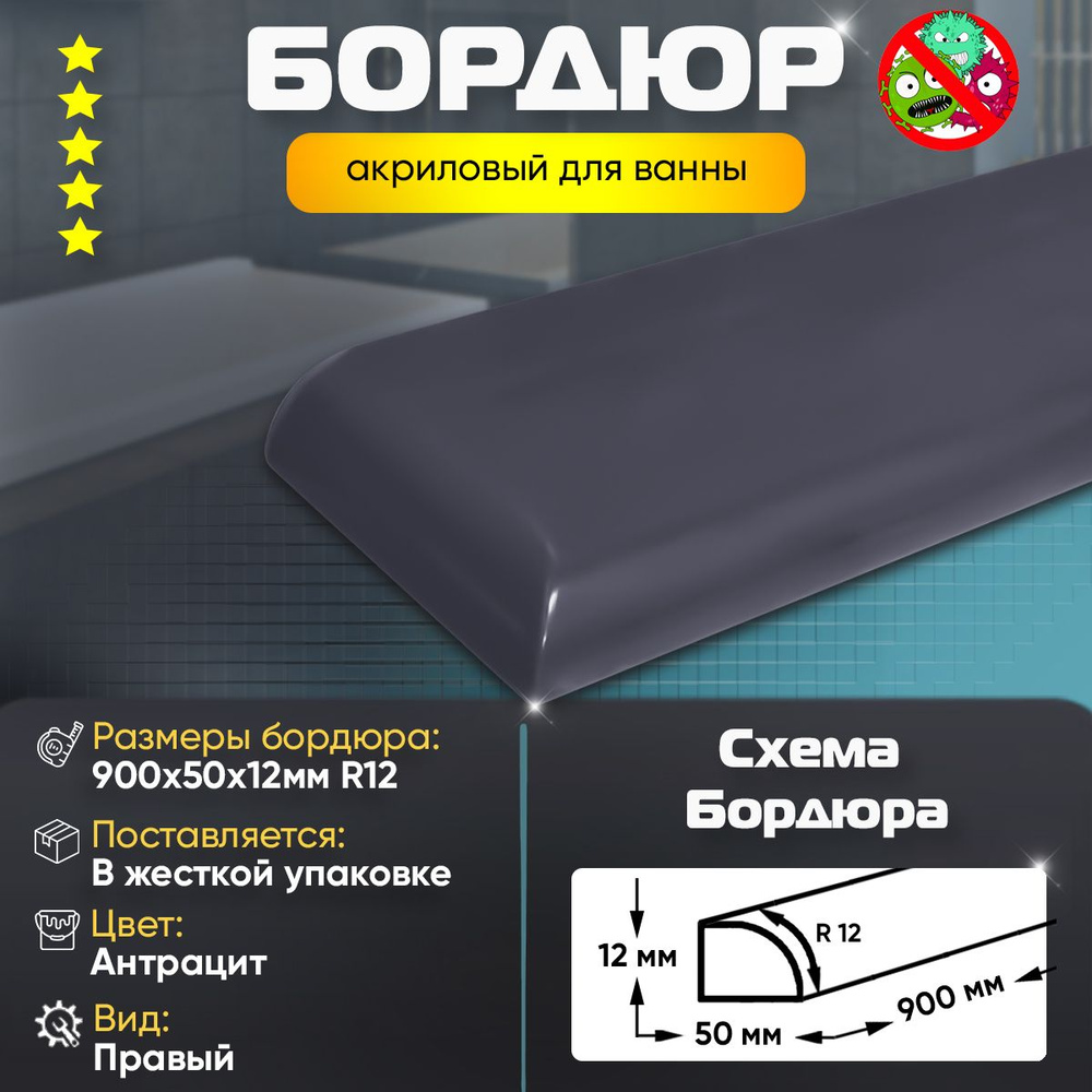 Плинтус Бордюр Акриловый для Ванной Комнаты Радиус R12 12х50х900 ПРАВЫЙ / Цвет: Антрацит  #1