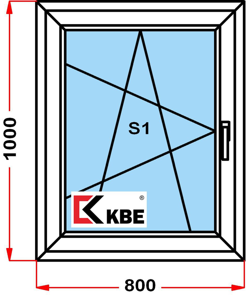 Окно пластиковое KBE 58 мм (1000 x 800), с поворотно-откидной створкой, стеклопакет из 2х стекол, левое #1