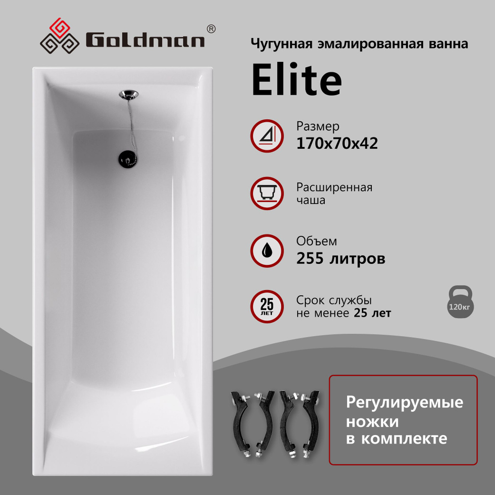 Чугунная ванна Goldman Elite 170x70x42 с ручками - купить по выгодной ...