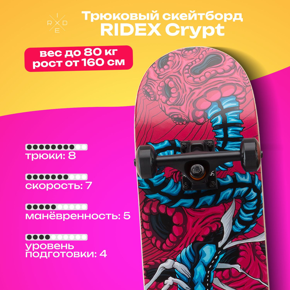 Скейтборд RIDEX Crypt 31.6х7.75 деревянный трюковой вес до 80 кг 8 слоёв  клёна