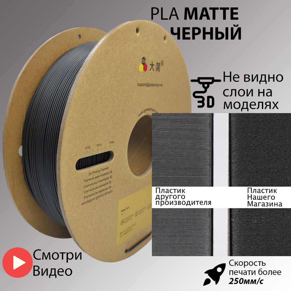 PLA Matte, Пла пластик для 3д принтера Черный Матовый 1.75мм 1кг  #1