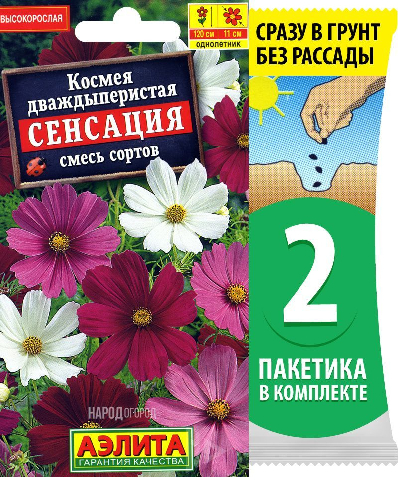 Семена Космея дваждыперистая (космос) Сенсация смесь сортов, 2 пакетика по 0,3г/40шт в каждом  #1