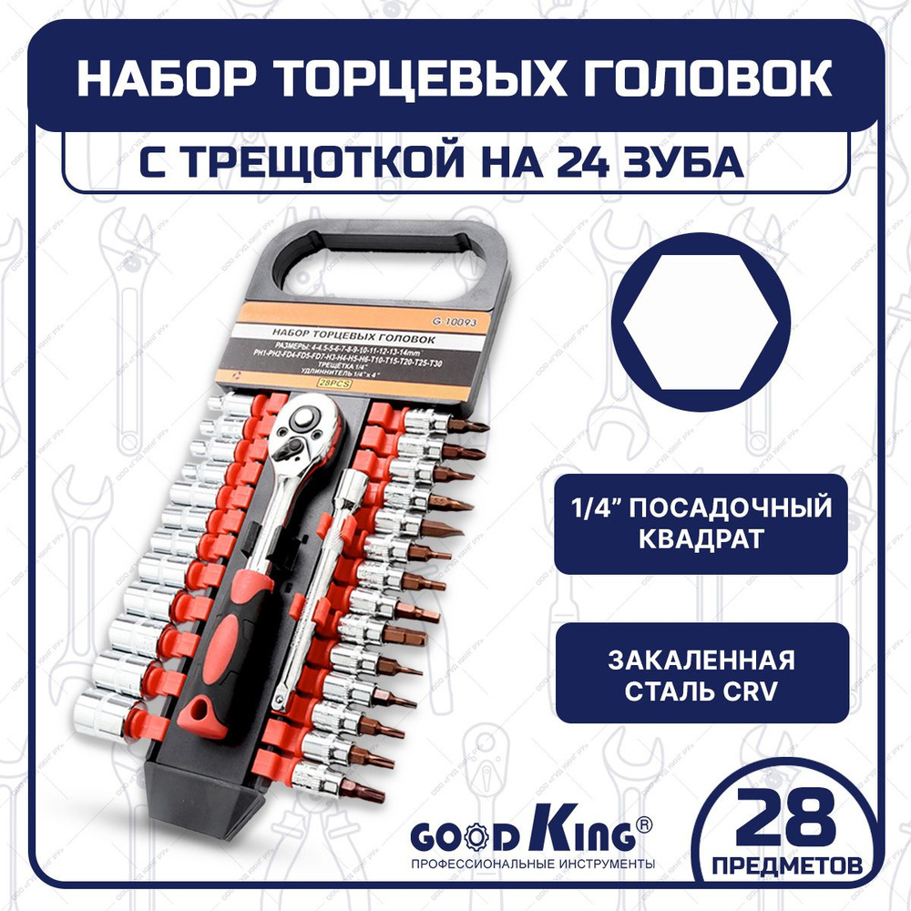 Набор торцевых головок 28 предметов с трещоткой 1/4 дюйма GOODKING T-1428,  для дома и авто