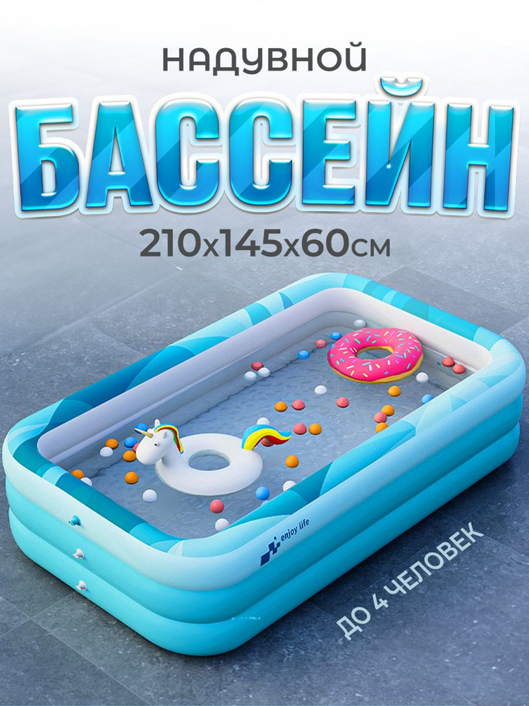 Бассейн детский надувной 2,1 м с насосом, надувной лодкой, кругом для плавания, мячиком, шариками, игрушками #1