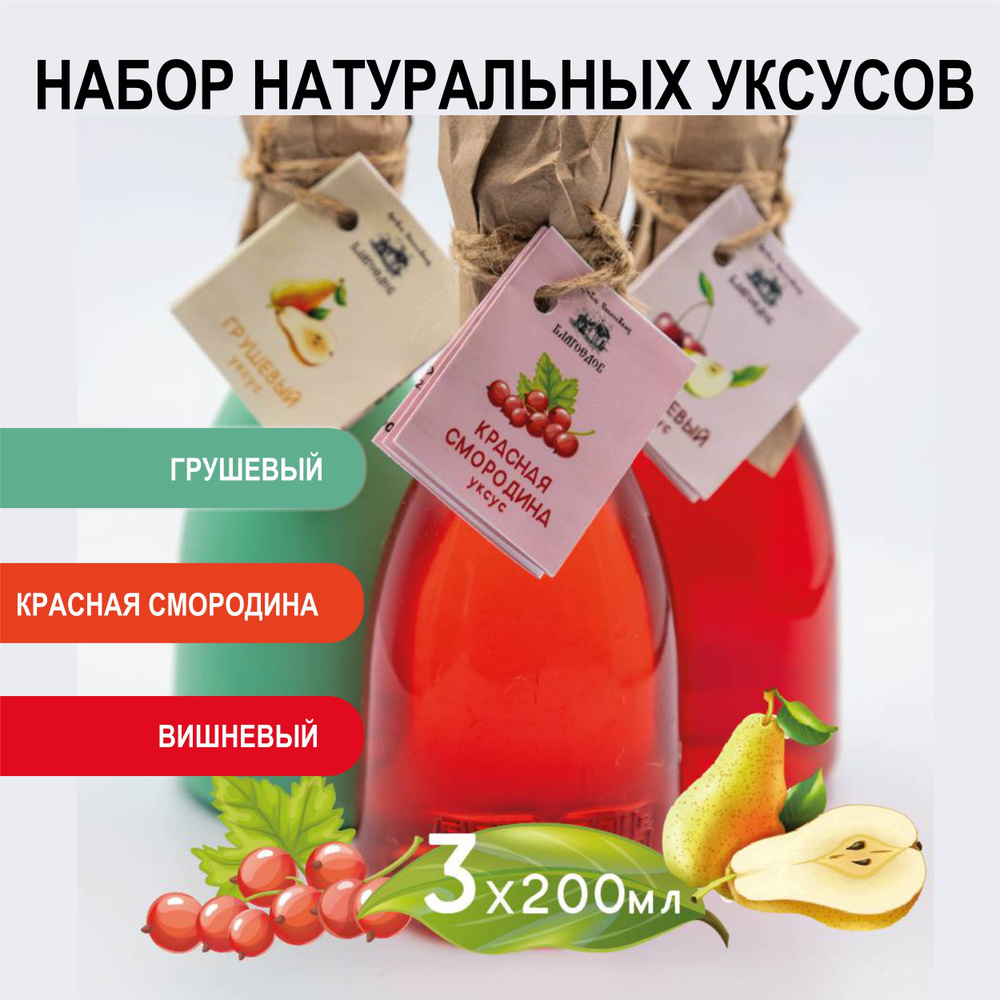 Набор натуральных уксусов (грушевый, смородиновый, вишневый) Благоедов ...