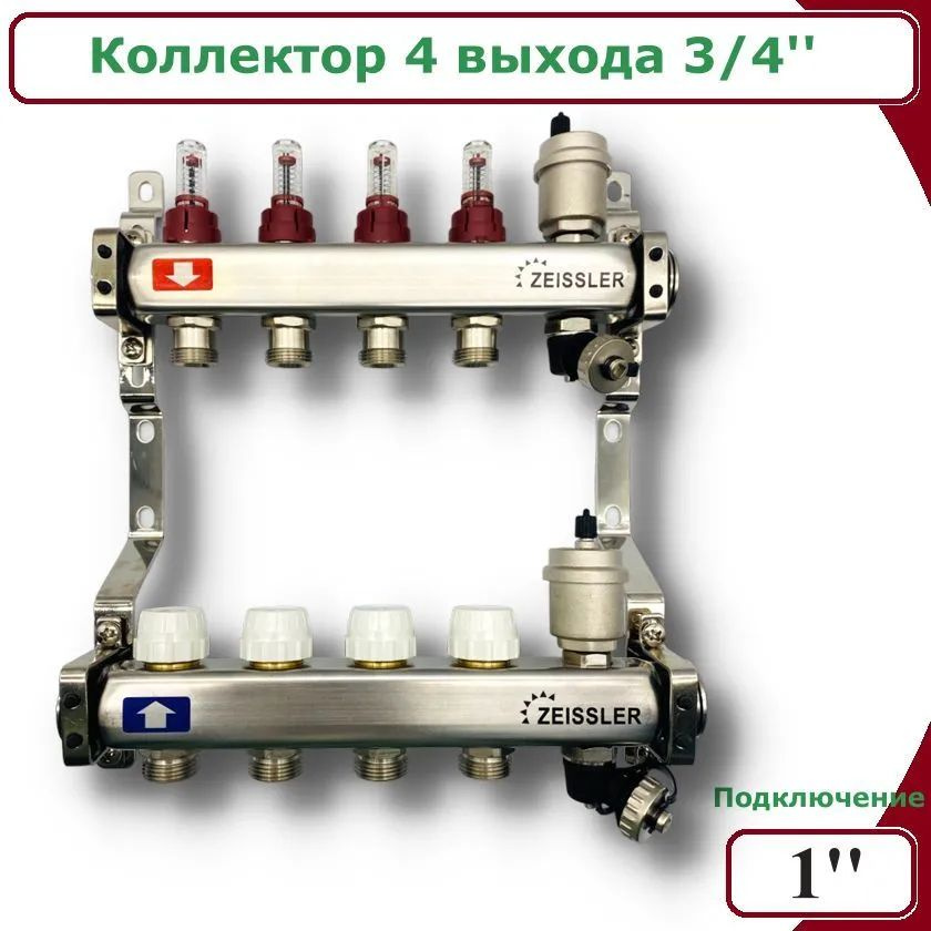 Коллектор для водяного теплого пола с расходомерами ZEISSLER, 4 контура  #1