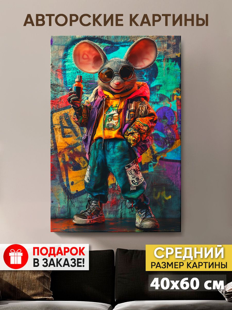 Картина на холсте MyMoneyArt "Graffiti mouse" 40х60 см для интерьера на стену  #1