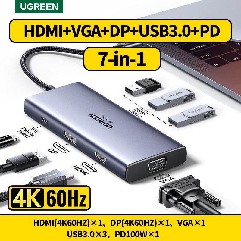 USB-Концентратор UGREEN 7-in-1 (15770),4K(60HZ)HDMI, DP,VGA, USB 3.0,PD100W Hub #1