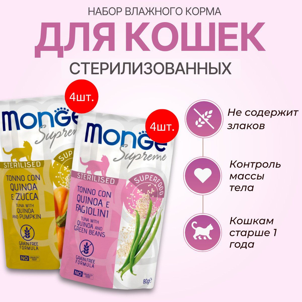 Набор влажного корма Monge Supreme sterilized cat: 320 г (4 шт по 80 г) + 320 г (4 шт по 80 г). Для взрослых #1