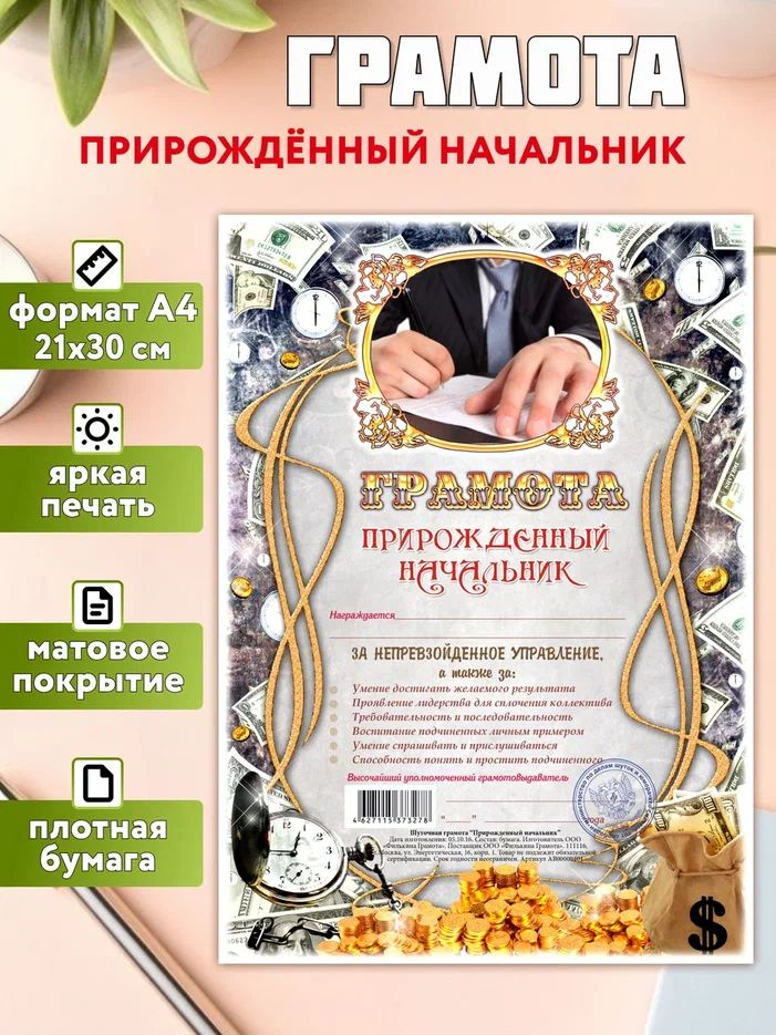 Грамота открытка "Прирожденный начальник", А4, подарочная шуточная грамота, подарок мужчине и начальнику #1
