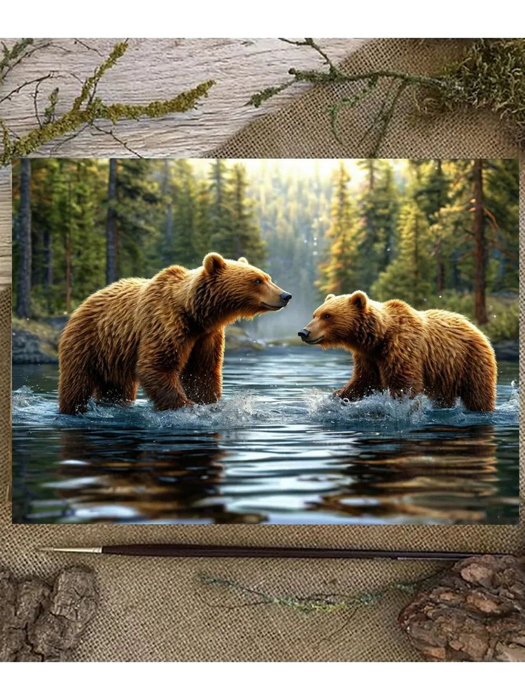 Картина на холсте "Купание медведей" 28x35 см #1