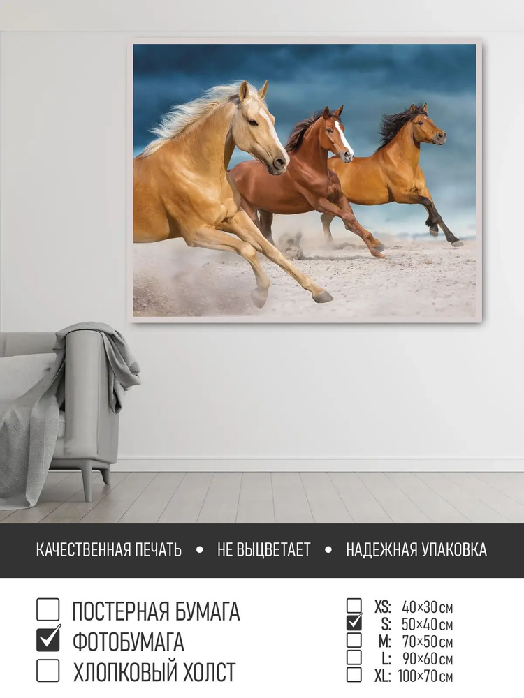 Постер на фотобумаге Бег трех коней, 50х40 см ПолиЦентр #1