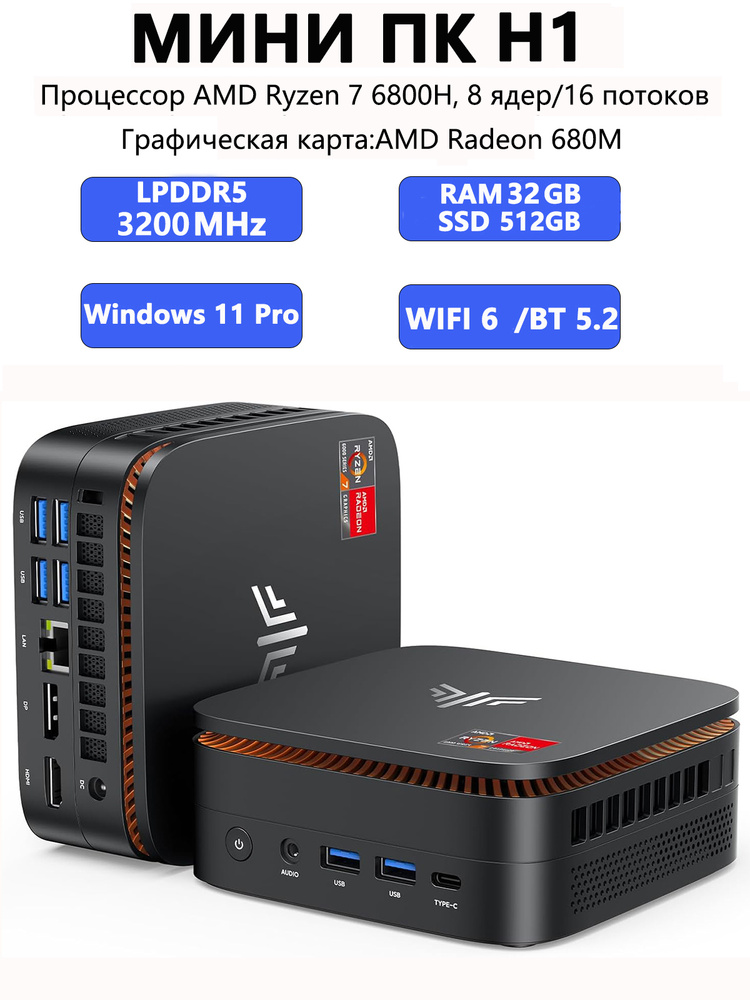 NIPOGI Мини-ПК H1 (AMD Ryzen 7 6800H, RAM 32 ГБ, SSD 512 ГБ, AMD