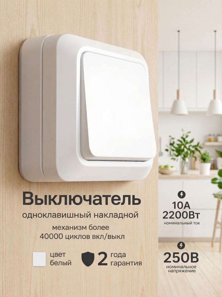 Выключатель одноклавишный накладной наружный 10 А 250 В IP20 термопласт белый для дома квартиры дачи #1
