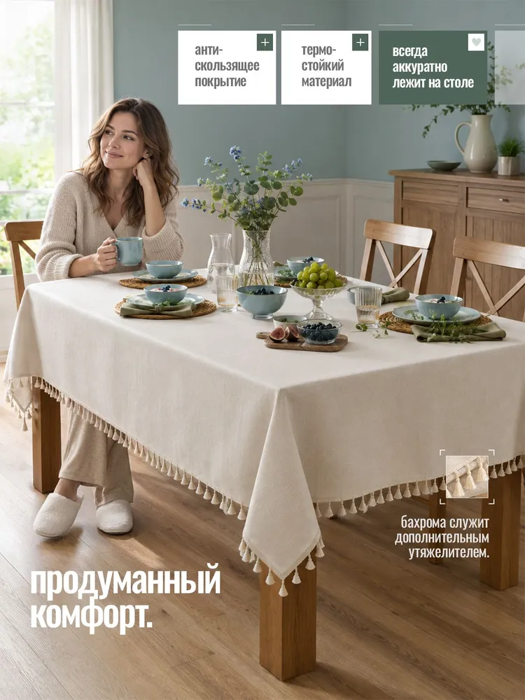 Скатерть на стол водоотталкивающая тканевая 140х220 см Молочный лен, 140x220 см, фото 5