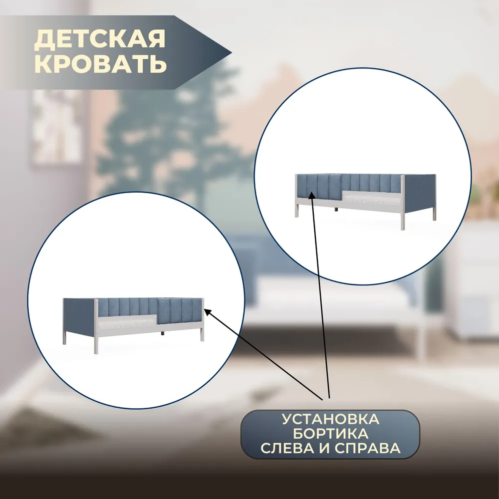 Мягкая детская кровать синий велюр 160*80 с бортом, 160x80, фото 3