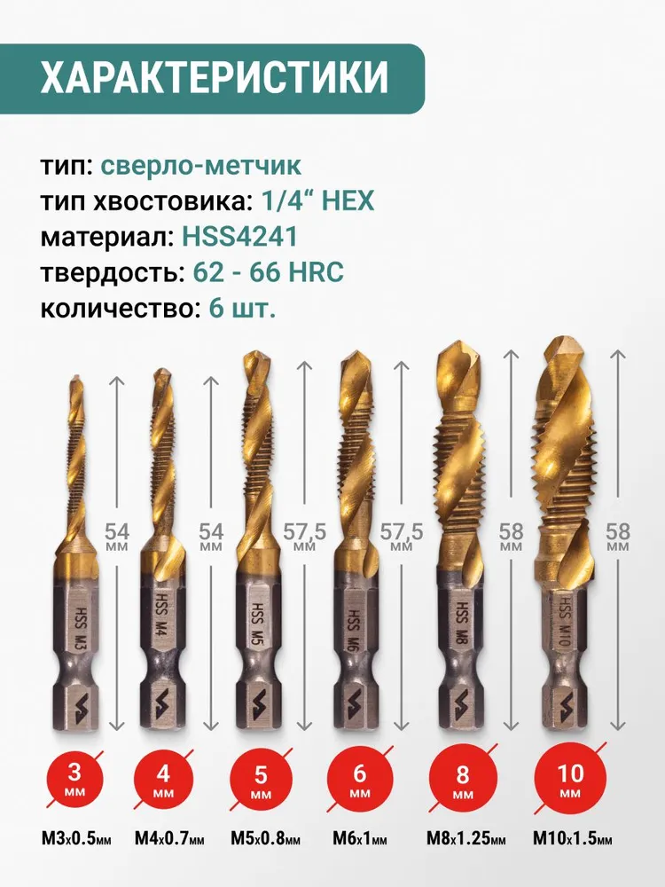 Набор сверл-метчиков 6 шт 3 мм 4 мм 5 мм 6 мм 8 мм 10 мм VIRA, 6 шт, фото 2