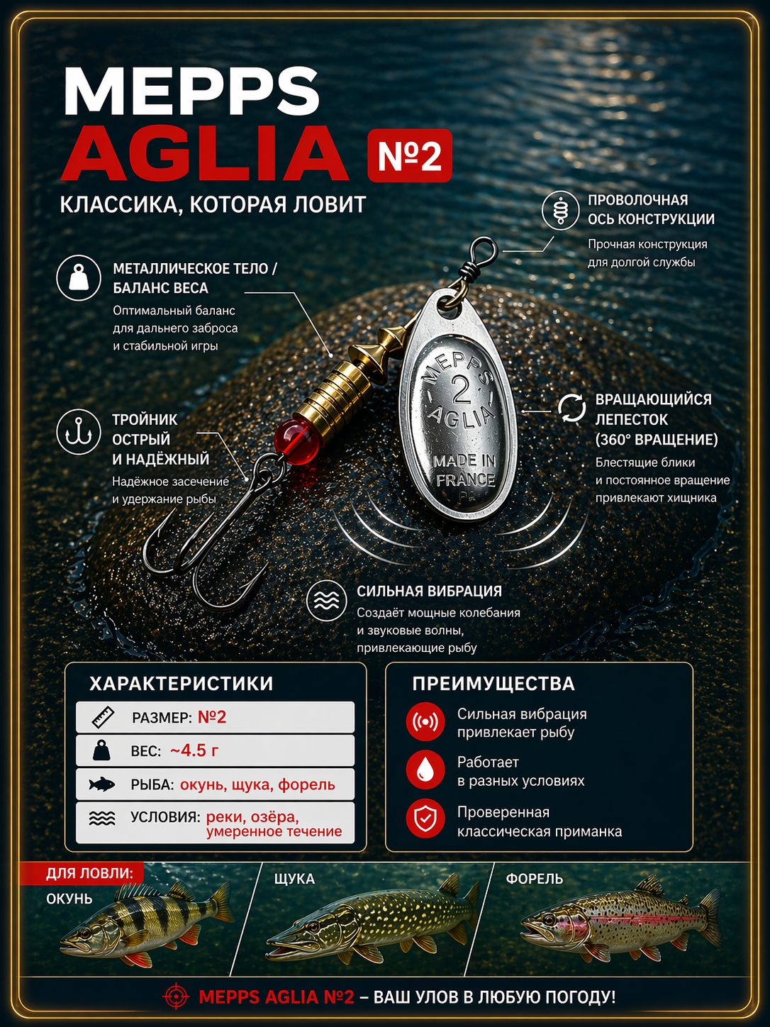 Блесна вращающаяся для рыбалки Mepps AGLIA №2 на щуку, окуня, форель