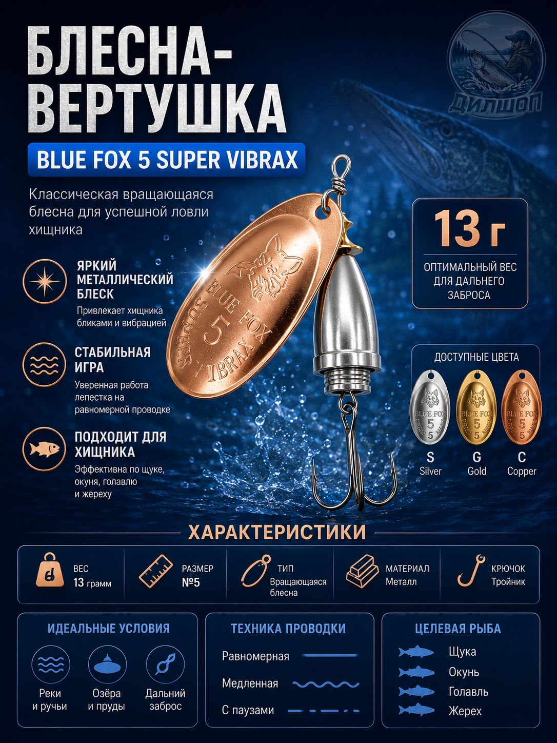 Блесна BLUE FOX № 5 на щуку, судака, окуня