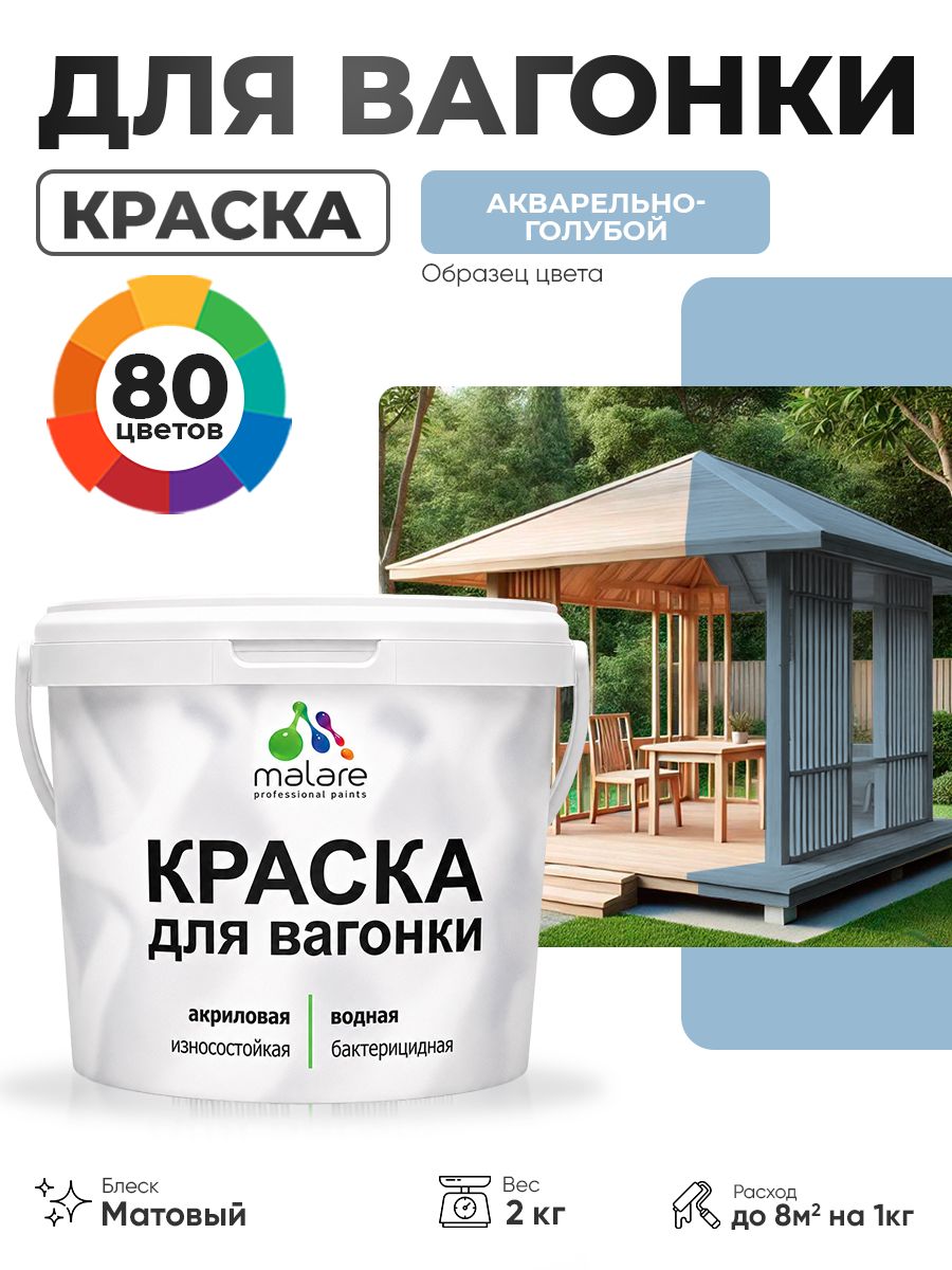 Акриловая краска для вагонки Malare для дерева, для фасадов и интерьера с антисептическим эффектом, быстросохнущая, без запаха, матовая, акварельно-голубой, 2 кг