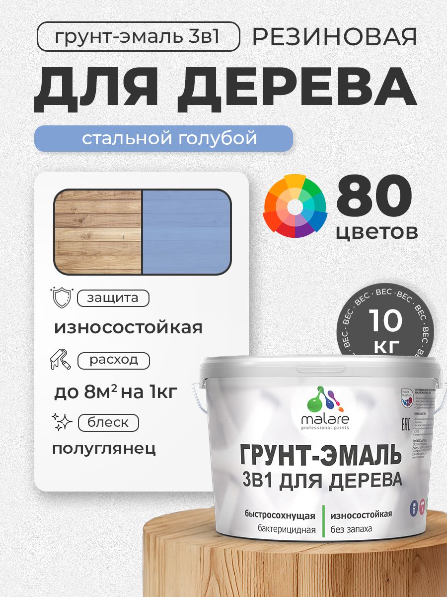 Латексная Грунт-Эмаль 3 в 1 Malare для деревянных поверхностей с антисептическим эффектом, быстросохнущая моющаяся без запаха полуглянцевая, стальной голубой, 10 кг