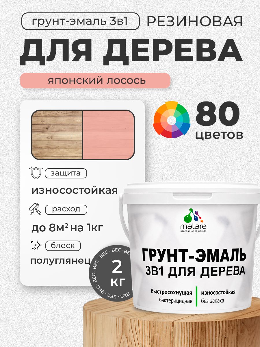 Латексная Грунт-Эмаль 3 в 1 Malare для деревянных поверхностей с антисептическим эффектом, быстросохнущая моющаяся без запаха полуглянцевая, японский лосось, 2 кг