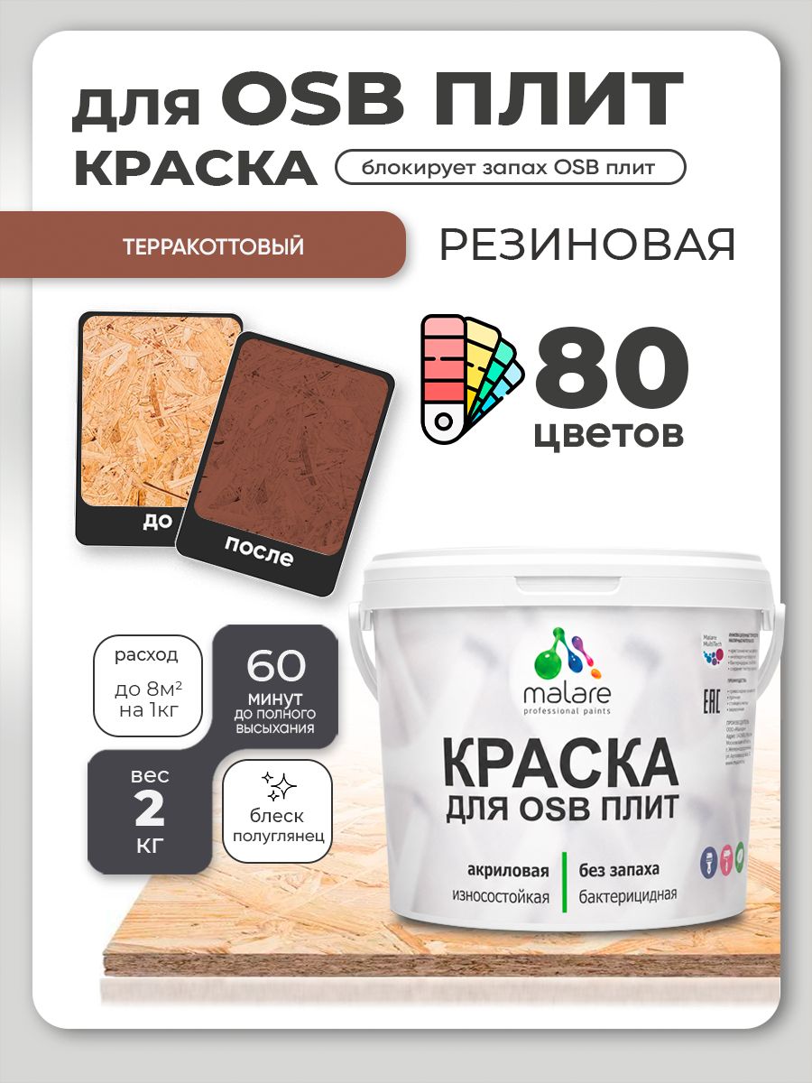 Резиновая краска для ОСБ плит Malare акриловая краска для дерева для наружных и внутренних работ, быстросохнущая без запаха полуглянцевая, терракотовый, 2 кг