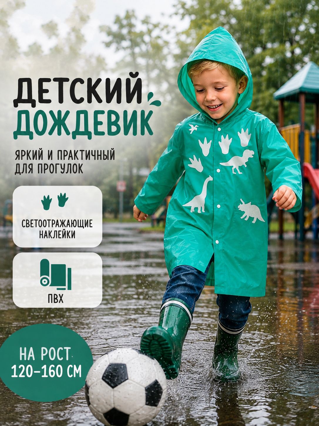 Дождевик детский "Динозаврики" со светоотражающими наклейками, рост 120-160 см