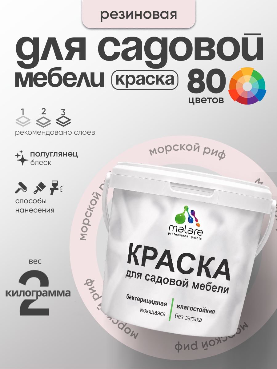 Резиновая краска Malare для садовой мебели/ по дереву, для наружных и внутренних работ/ быстросохнущая моющаяся без запаха полуглянцевая, морской риф, 2 кг
