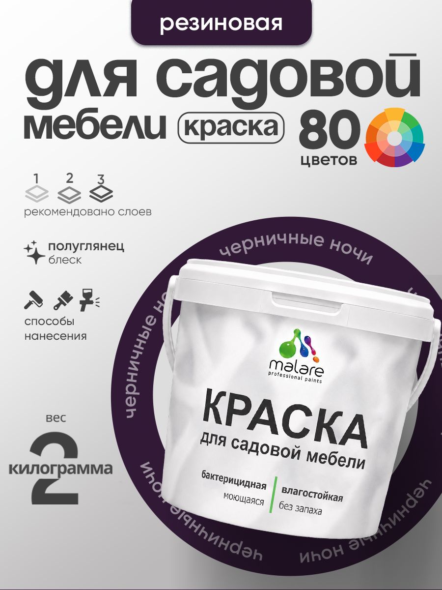 Резиновая краска Malare для садовой мебели/ по дереву, для наружных и внутренних работ/ быстросохнущая моющаяся без запаха полуглянцевая, черничные ночи, 2 кг