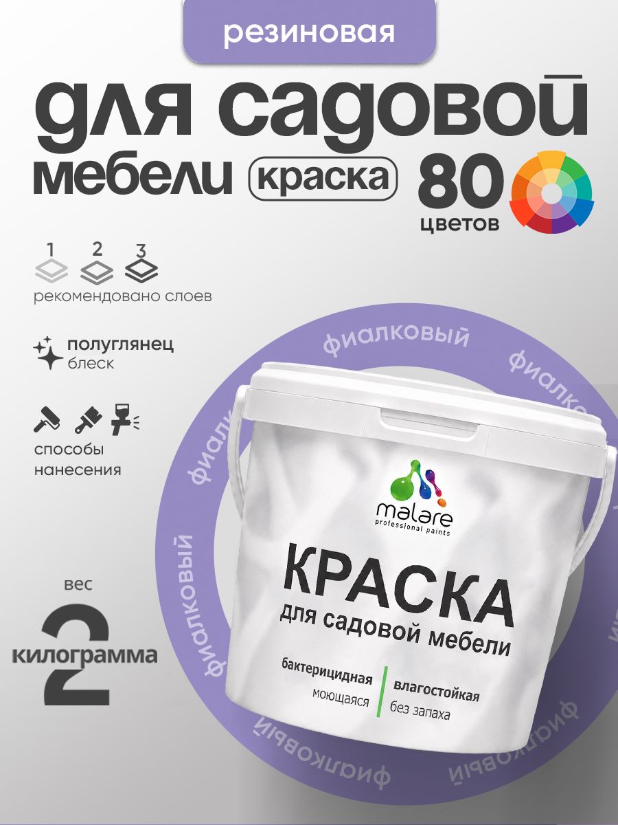 Резиновая краска Malare для садовой мебели/ по дереву, для наружных и внутренних работ/ быстросохнущая моющаяся без запаха полуглянцевая, фиалковый, 2 кг