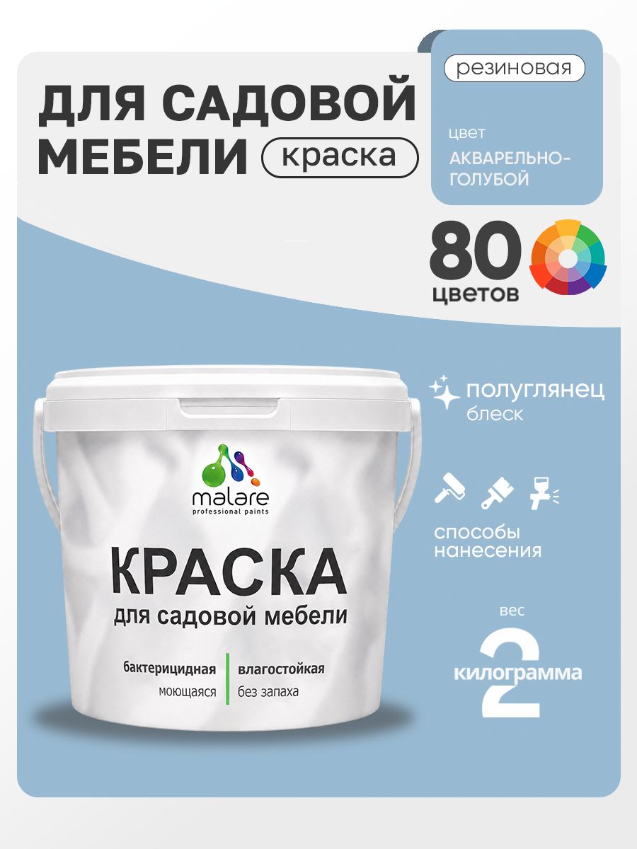 Резиновая краска Malare для садовой мебели/ по дереву, для наружных и внутренних работ/ быстросохнущая моющаяся без запаха полуглянцевая, акварельно-голубой, 2 кг
