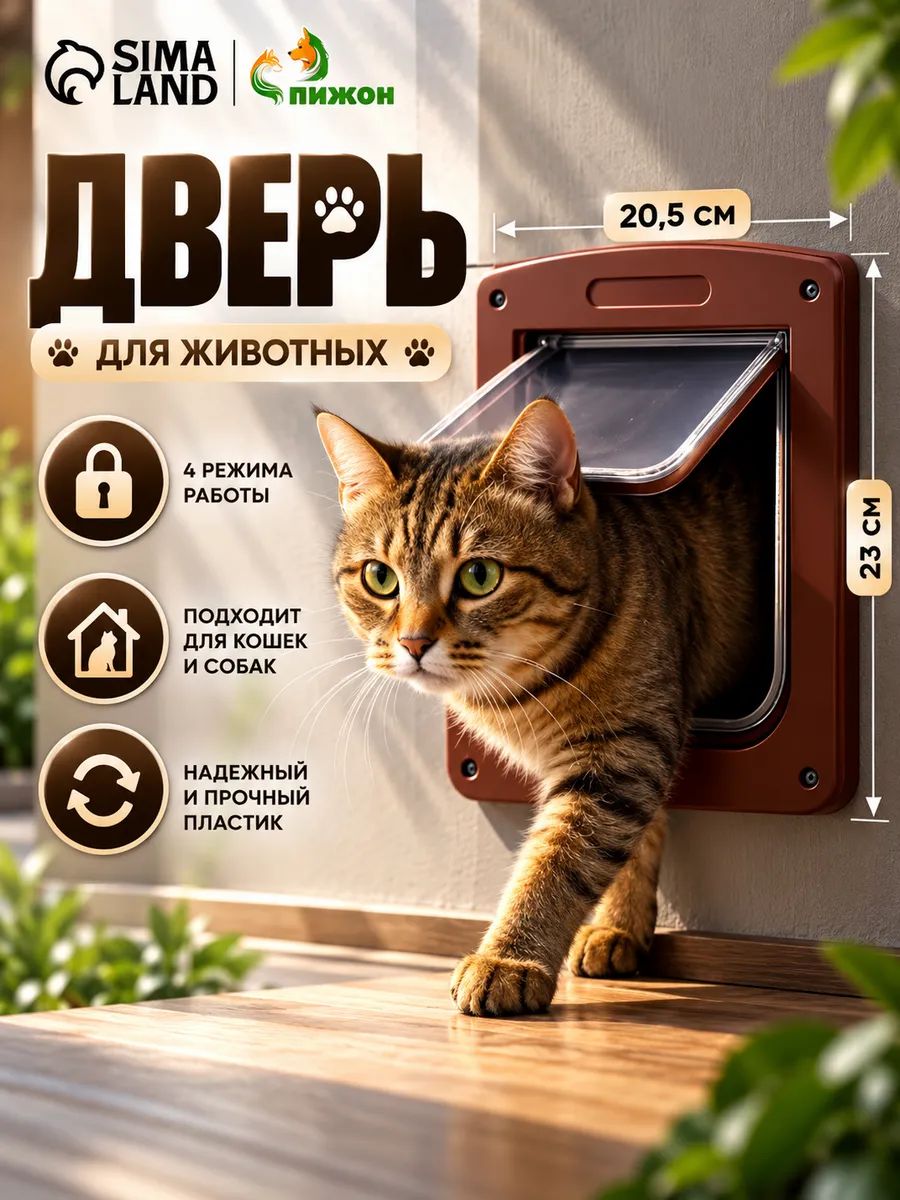 Дверца для кошки в дверь, 4 режима, проём 15x15.5 см, общий размер 22.5x20 см