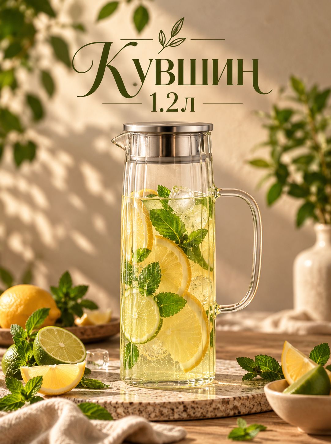 Кувшин для воды 1.2 л, стеклянный, с крышкой, Magistro "Богема"