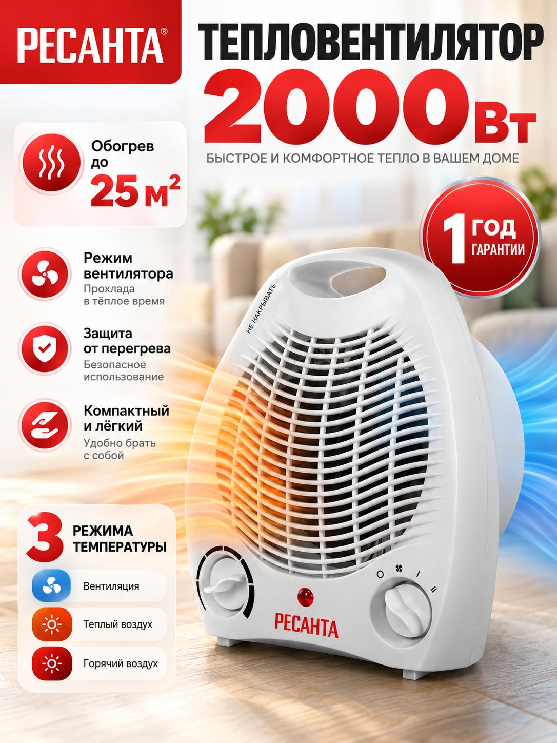 Тепловентилятор ТВС-1 (2 кВт) Ресанта / Обогреватель
