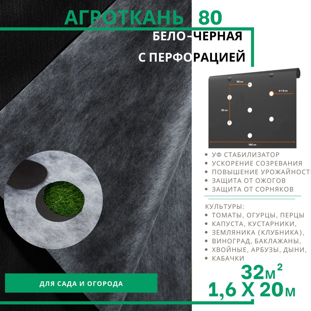 АгротканьотсорняковPremiumчерно-белая80г/м.кв.(1,6х20м)сперфорациейсУФ,Агротекс,мульча,садовыйгеотекстиль,двухслойныймульчирующийматериалдляклубникииовощей